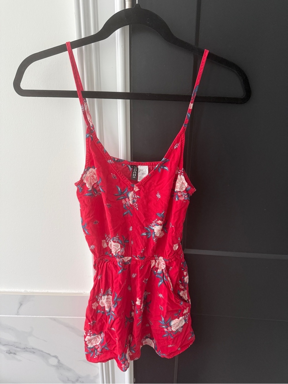 H&M Red Floral Summer Top with Blue Accents
